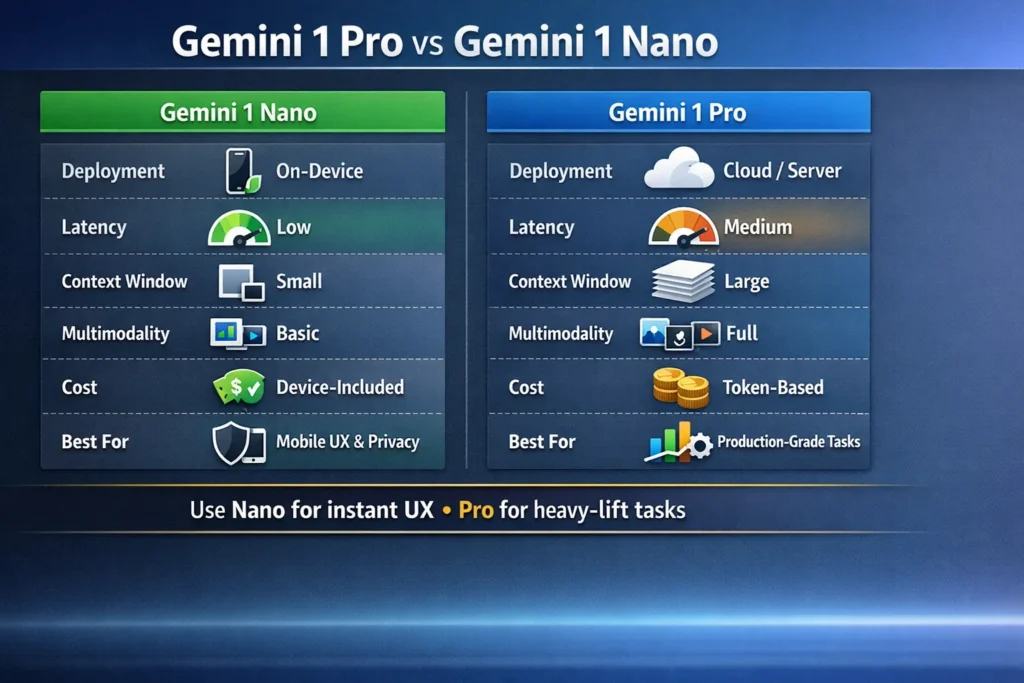 Side-by-side infographic comparing Gemini 1 Nano and Gemini 1 Pro, showing differences in deployment, latency, context window, multimodal support, cost, and recommended use cases for mobile UX versus production-grade AI workloads.