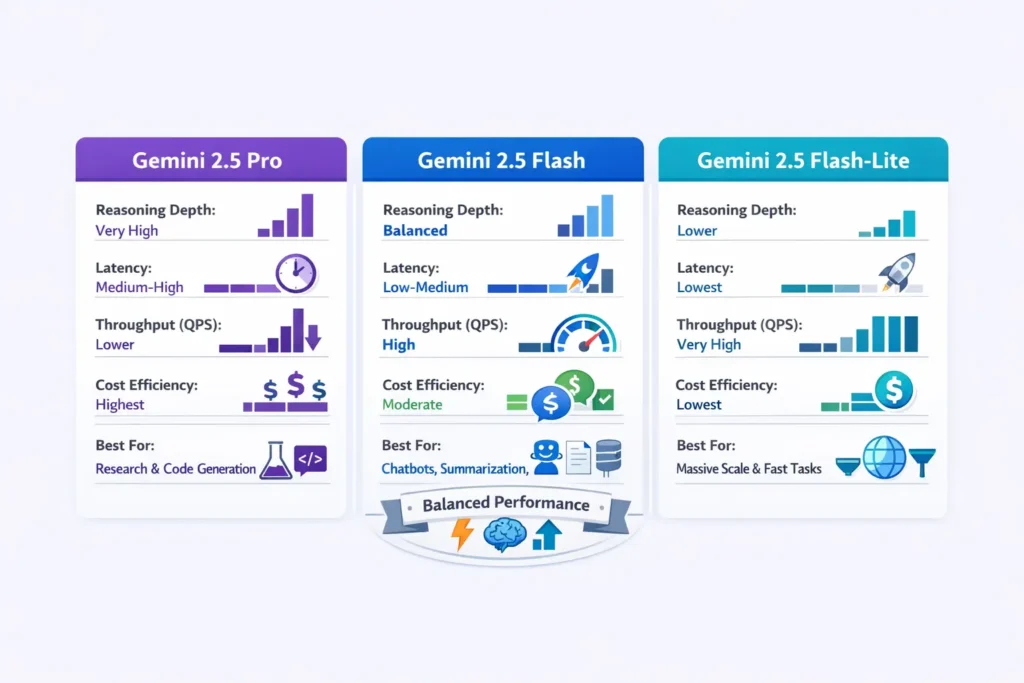 Gemini 2.5 Flash infographic comparing Flash, Flash-Lite, and Pro models by reasoning ability, latency, throughput, cost, and best production use cases.