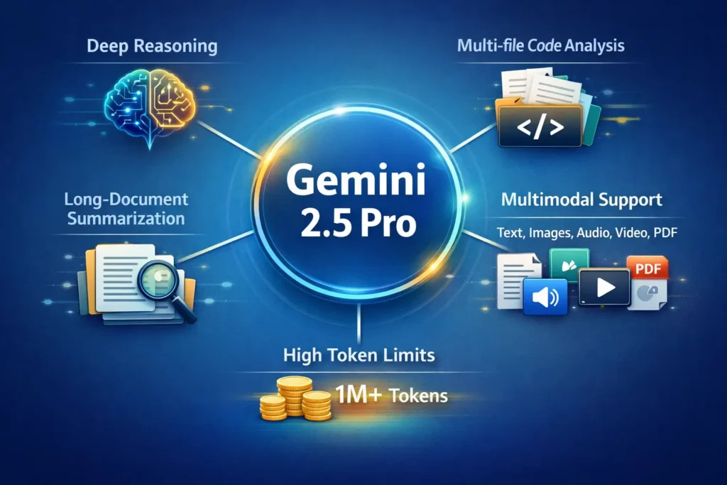 "Infographic showing Google Gemini 2.5 Pro features: deep reasoning, multi-file code analysis, long-document summarization, multimodal AI support, and high token limits."