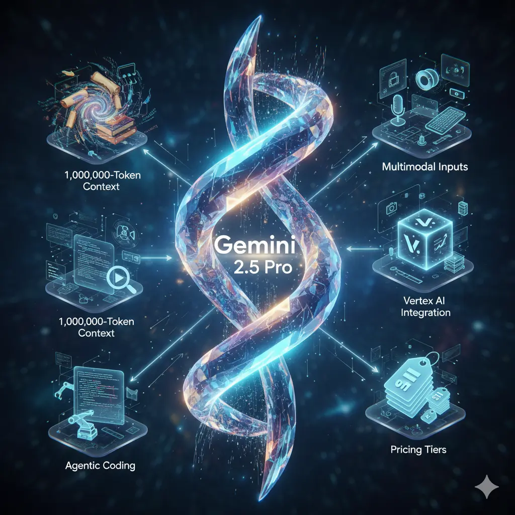 "Infographic summarizing Gemini 2.5 Pro AI: 1 million-token context, multimodal inputs, agentic coding, Vertex AI integration, and pricing tiers."
