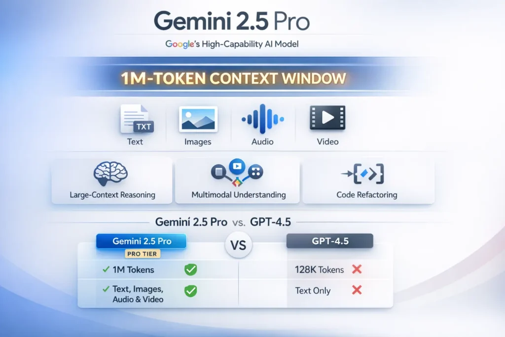 "Infographic of Gemini 2.5 Pro AI model showing 1M-token context, multimodal support for text, images, audio, video, key strengths in reasoning and code, and comparison with GPT-4.5."
