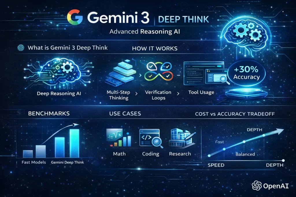 Gemini 3 Deep Think infographic showing deep reasoning workflow, benchmarks, use cases, and cost vs accuracy tradeoffs.