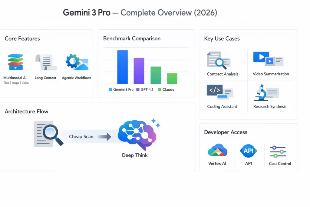 Gemini 3 Pro infographic showing features, benchmarks, multimodal AI capabilities, Vertex AI usage, and comparison with GPT-4.1 in 2026