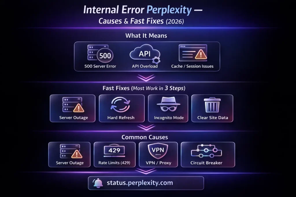 Infographic explaining Perplexity Internal Error causes and fixes, including 500 server errors, fast browser troubleshooting steps, API rate limits, and developer backoff solutions in 2026.