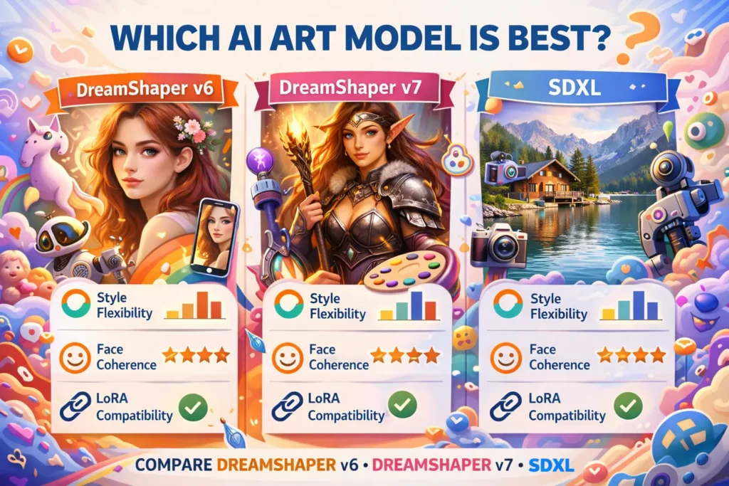 
Infographic comparison of AI art models: DreamShaper v6, DreamShaper v7, and SDXL, showing sample portrait, fantasy character, and photoreal environment images with style, face coherence, and LoRA compatibility indicators.