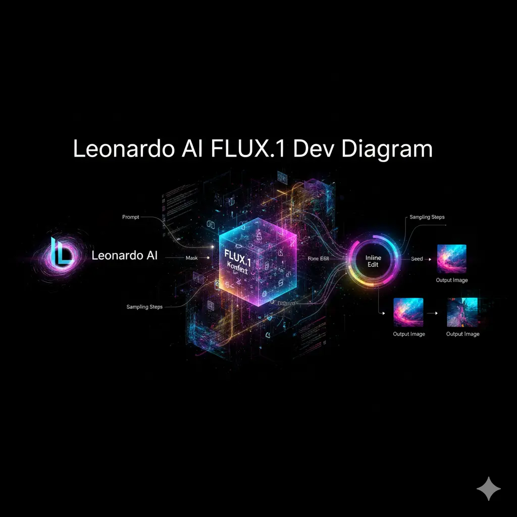 "Workflow infographic showing Leonardo AI FLUX.1 Dev pipeline: prompt, mask, seed, and sampling steps leading to final image output through FLUX.1 Kontext inline editing."