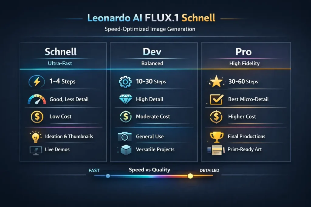 Leonardo AI FLUX.1 Schnell infographic showing speed-first image generation compared with Flux Dev and Flux Pro, highlighting steps, quality tradeoffs, and best use cases.