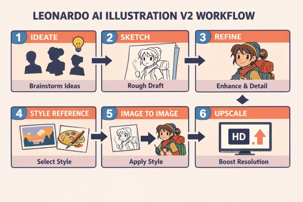  "Infographic showing the step-by-step workflow for creating illustrations with Leonardo AI Illustration V2, including sketch, refinement, style reference, and upscaling."
