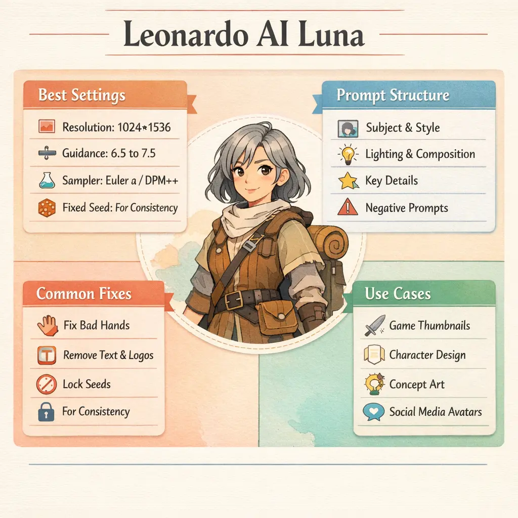 Leonardo AI Luna infographic showing best settings, prompt structure, use cases, and fixes for consistent stylized character art.