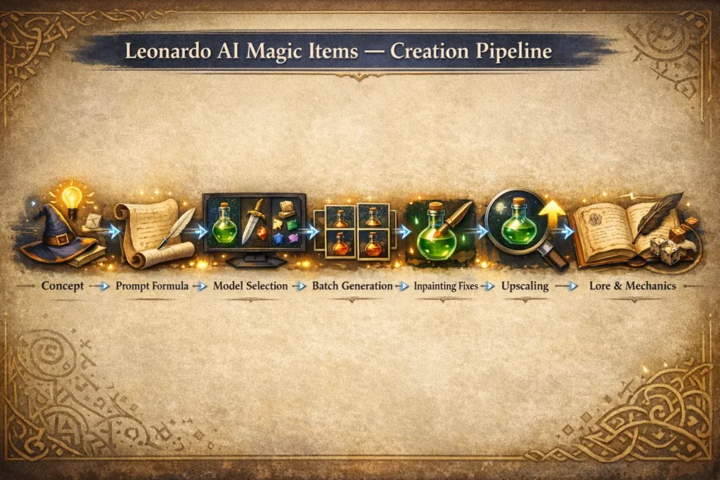 Leonardo AI Magic Items — step-by-step infographic showing prompt creation, model selection, image generation, inpainting, upscaling, export, and lore mechanics workflow.