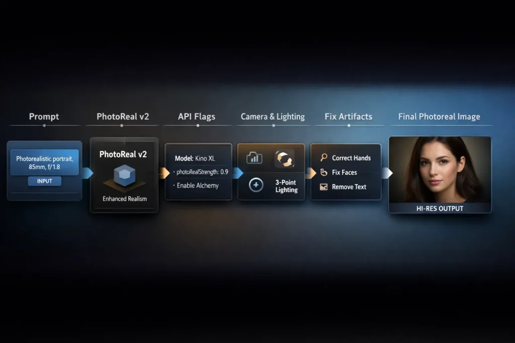 Leonardo AI PhotoReal v2 infographic showing step-by-step workflow for creating hyper-realistic AI images using prompts, camera settings, API flags, and artifact fixes.
