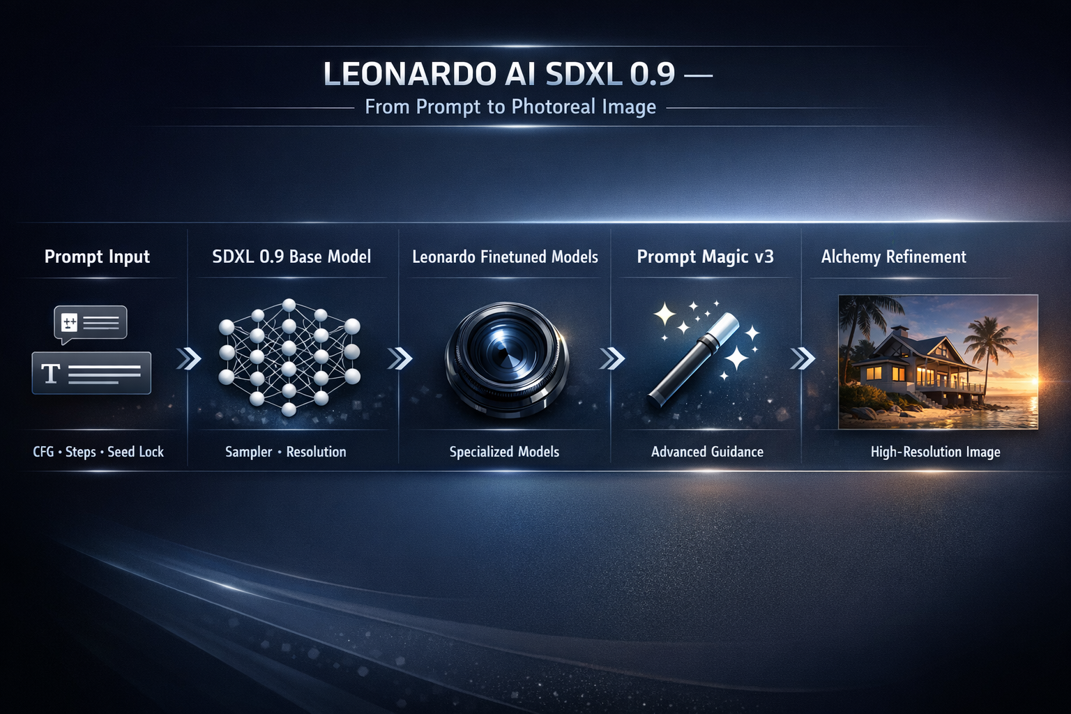Leonardo AI SDXL 0.9 infographic showing prompt-to-image workflow, finetuned models, Prompt Magic, and Alchemy refinement