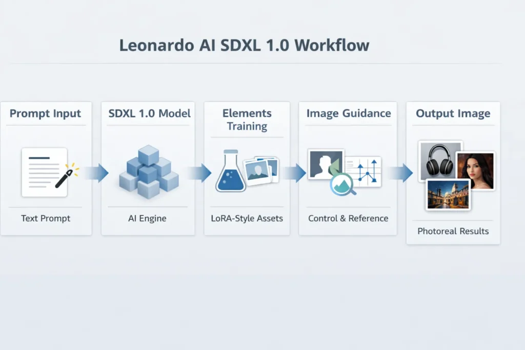 Infographic showing Leonardo AI SDXL 1.0 workflow, including prompt input, Elements training, image guidance, and photoreal image output.