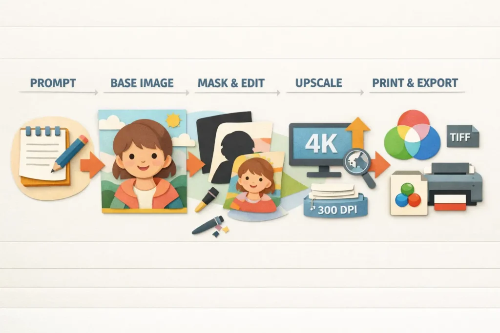  Leonardo AI paper art infographic showing step-by-step paper cutout workflow, prompts, masking, img2img layers, upscaling, and print-ready CMYK export.