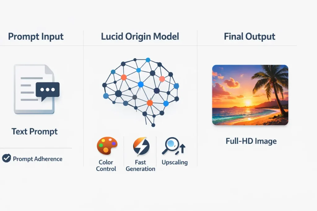 Lucid Origin infographic showing how Leonardo AI converts text prompts into vibrant Full-HD images with strong prompt adherence and fast generation.