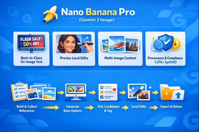 “Infographic showing Nano Banana Pro (Gemini 3 Image) features including best-in-class text, precise local edits, multi-image context, and C2PA provenance, alongside a 6-step production workflow for designers and developers.”
