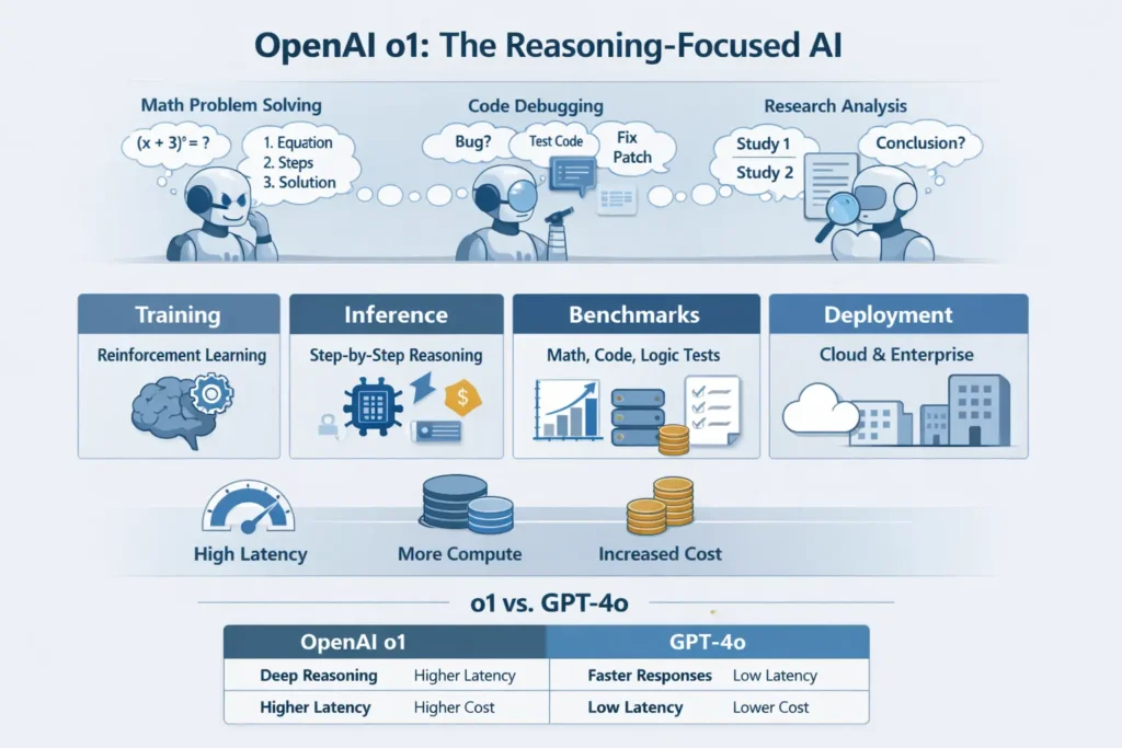 "Infographic illustrating OpenAI o1’s step-by-step reasoning workflow, showing multi-step problem solving in math, code debugging, and research synthesis, with labels for training, inference, benchmarks, deployment, and comparison to GPT-4o."