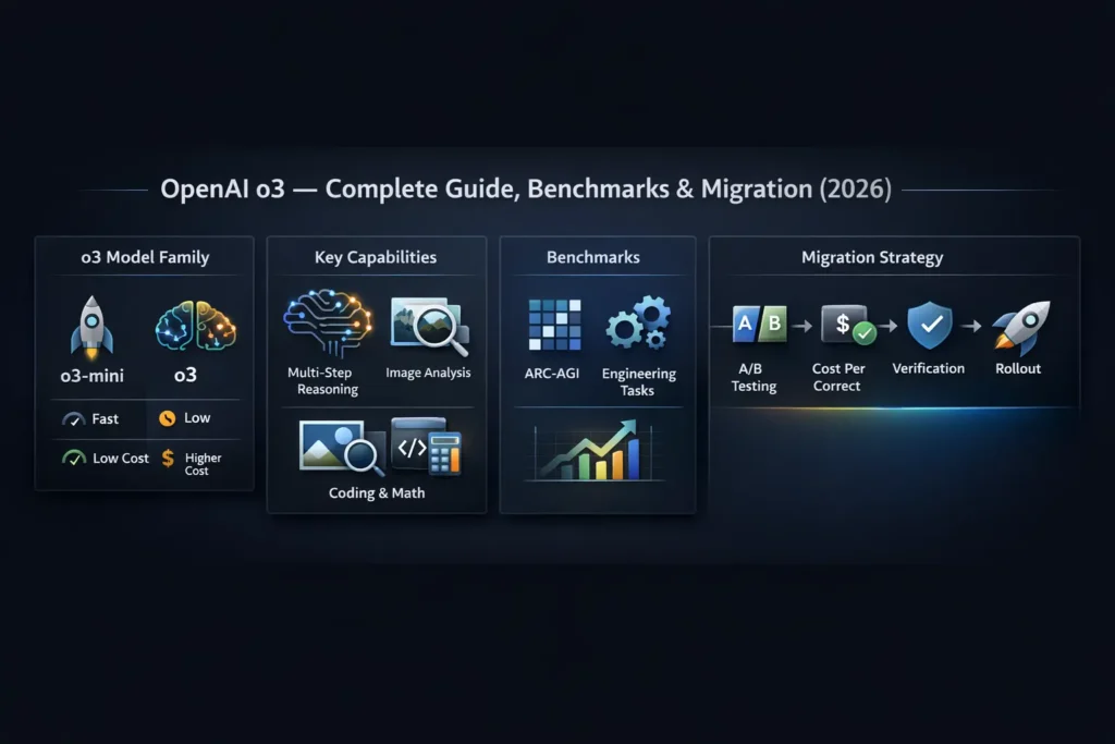 Infographic explaining OpenAI o3 models, benchmarks, reasoning capabilities, and migration strategy for 2026.