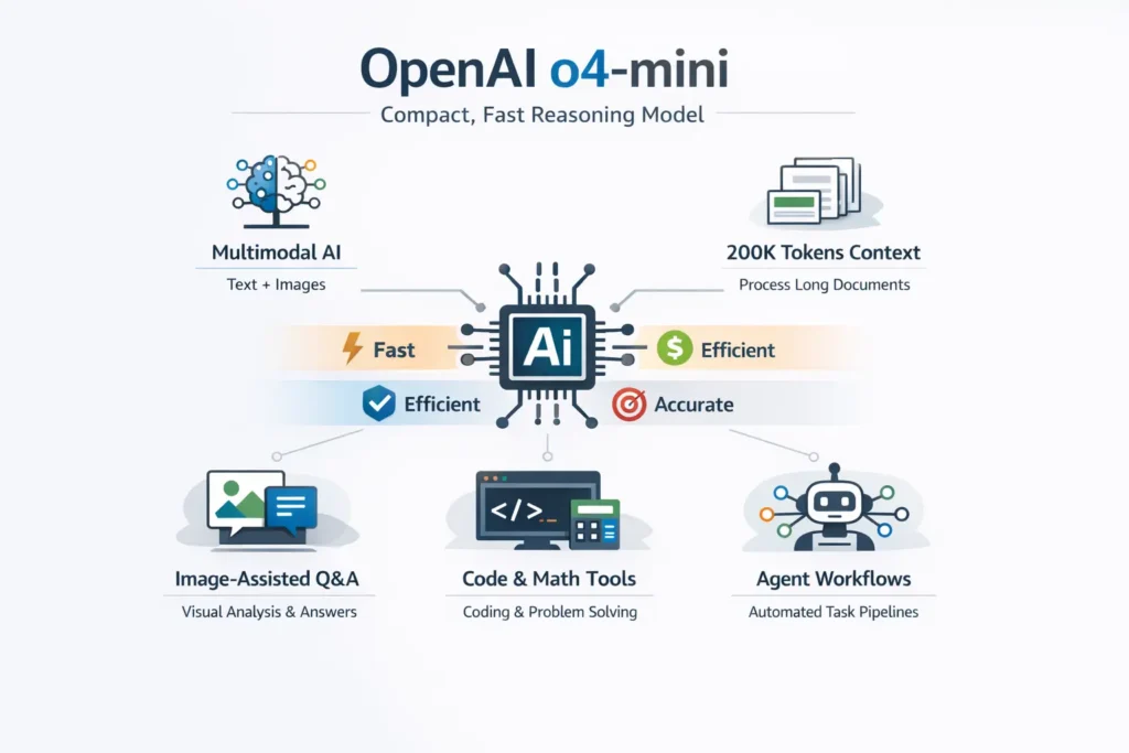 "Infographic of OpenAI o4-mini showing compact reasoning, multimodal AI support, large-context processing, image-assisted Q&A, code and math tooling, and agent workflows in a clean, tech-focused design."