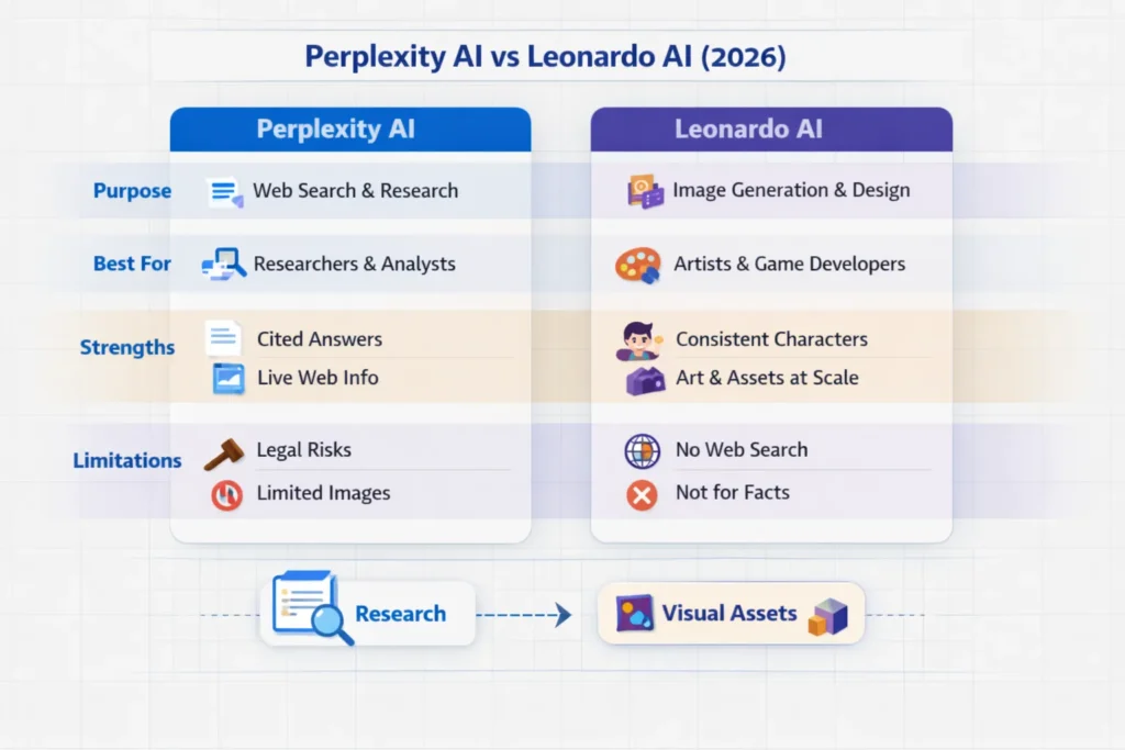 Infographic comparing Perplexity AI vs Leonardo AI in 2026, showing differences in research, web citations, and image generation use cases.