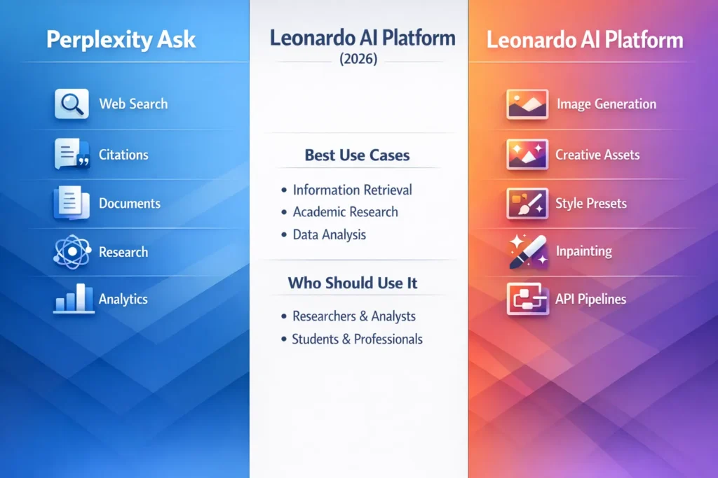 Infographic comparing Perplexity Ask vs Leonardo AI Platform in 2026, highlighting differences in research capabilities, image generation, workflows, features, and ideal use cases for teams and creators.