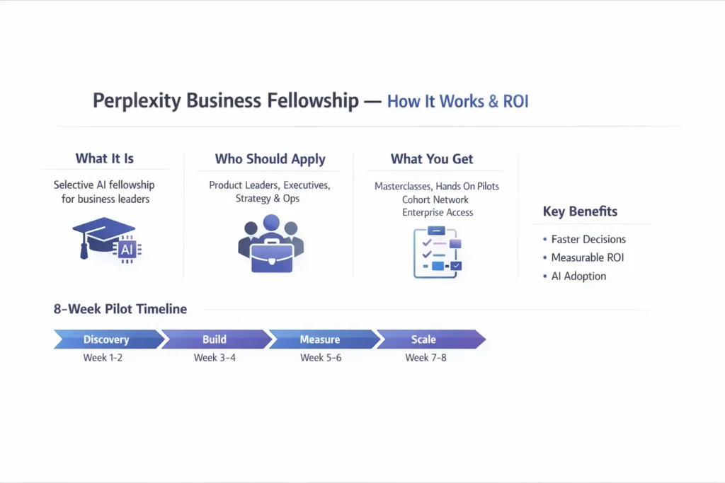 Perplexity Business Fellowship infographic showing application process, 8-week pilot timeline, benefits, and ROI for business leaders using AI