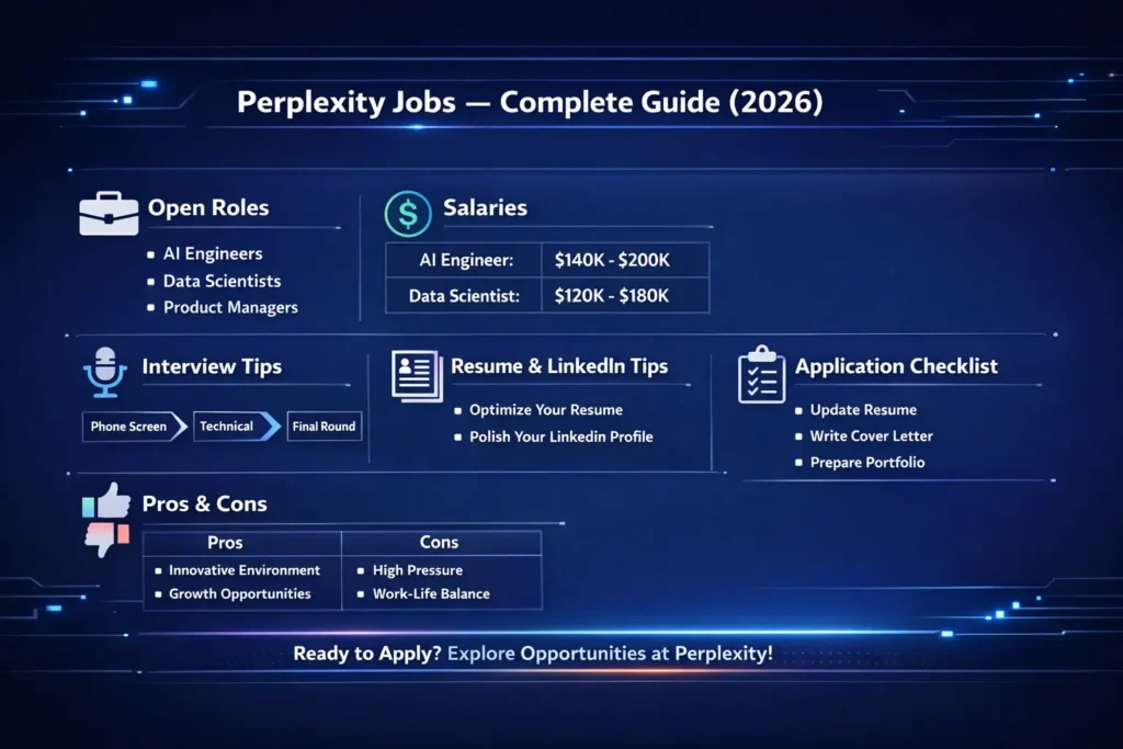 Infographic summarizing Perplexity Jobs 2026: sections include open roles, salary ranges, step-by-step interview process, resume and LinkedIn tips, application checklist, and pros & cons. Designed for AI startup job seekers and blog readers.