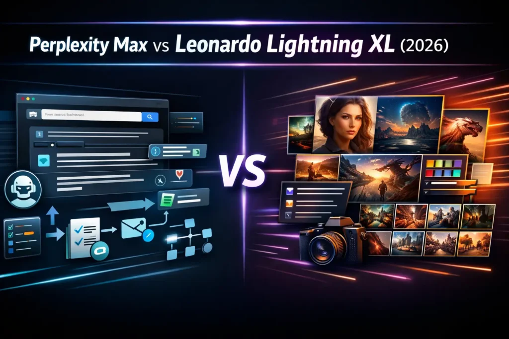 Perplexity Max vs Leonardo Lightning XL infographic comparing AI research automation with high-speed image generation tools in 2026.