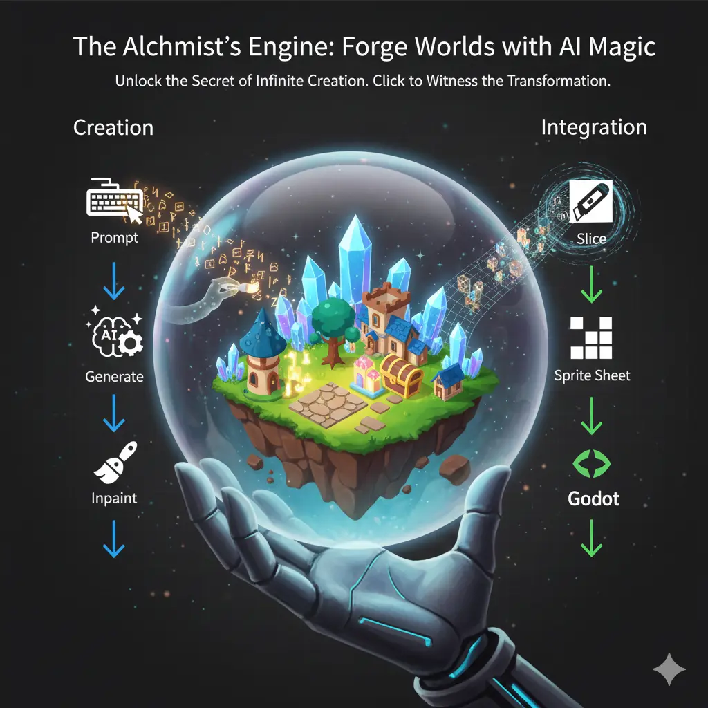 Infographic showing Leonardo AI Isometric Fantasy workflow for creating tileable isometric game assets, from prompt generation to sprite sheet export for Unity and Godot.