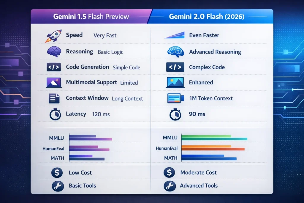 "Infographic comparing Gemini 1.5 Flash Preview and Gemini 2.0 Flash (2026), showing differences in speed, reasoning, code generation, multimodal support, context window, latency, cost, and tooling, highlighting performance benchmarks and improvements in 2.0."