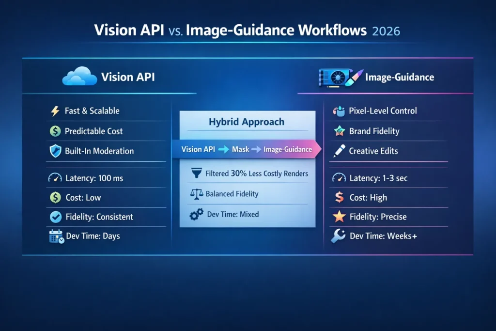 “Infographic comparing Vision API and Image-Guidance workflows in 2026, showing features, cost, latency, and hybrid pipeline for image editing.”