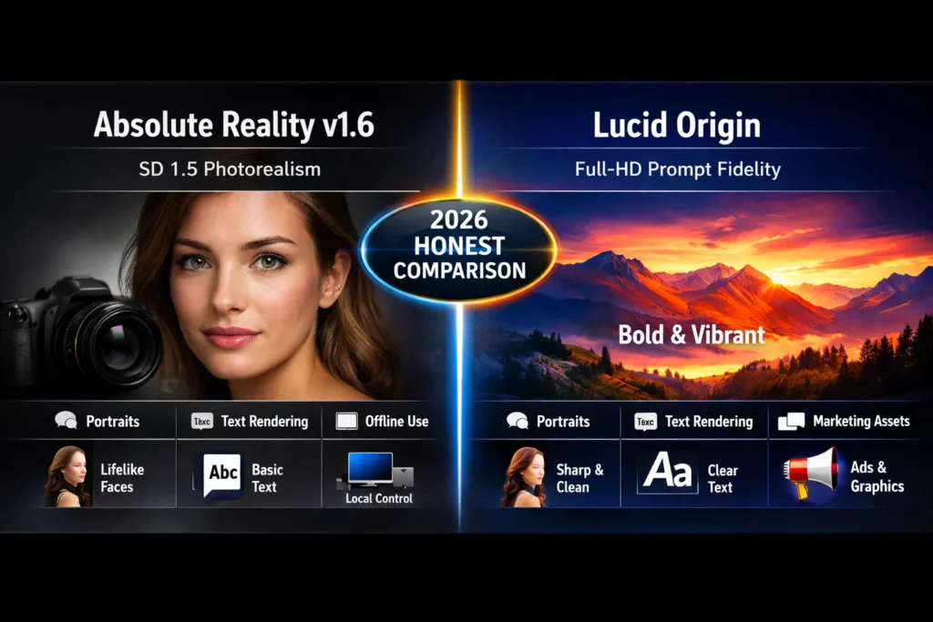 Infographic comparing Absolute Reality v1.6 vs Lucid Origin in 2026, highlighting SD 1.5 photorealism, Full-HD output, prompt adherence, text rendering, offline use, and marketing performance.
