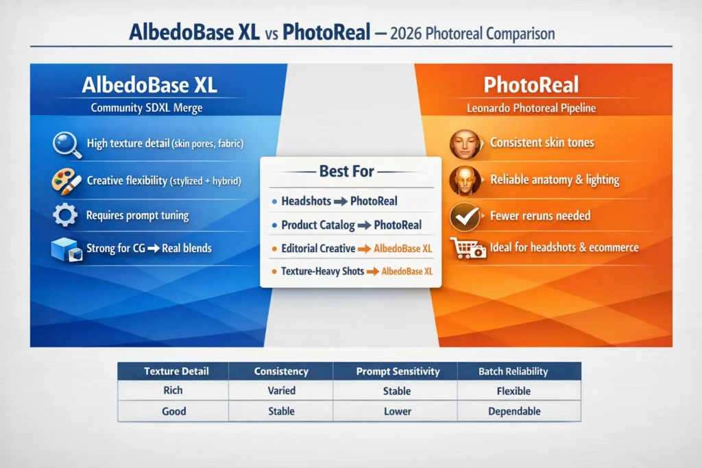 AlbedoBase XL vs PhotoReal infographic comparing texture detail, consistency, batch reliability, and best use cases for headshots, ecommerce, and creative photography in 2026.