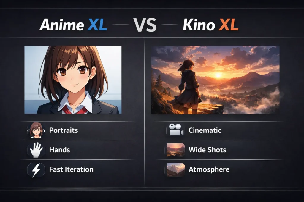 Anime XL vs Kino XL infographic comparing anime AI models for portraits, hands, cinematic scenes, speed, and visual style in 2026.