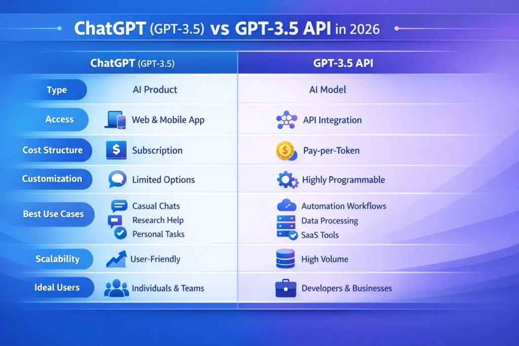 Infographic comparing ChatGPT and GPT-3.5 API in 2026, showing differences in cost, customization, performance, and best use cases for AI adoption.