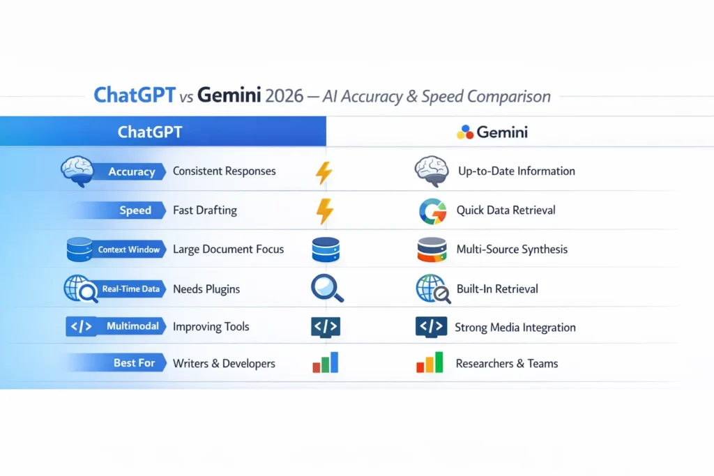 ChatGPT vs Gemini 2026 infographic comparing AI accuracy, speed, context window, real-time data retrieval, and best use cases for developers and marketers.
