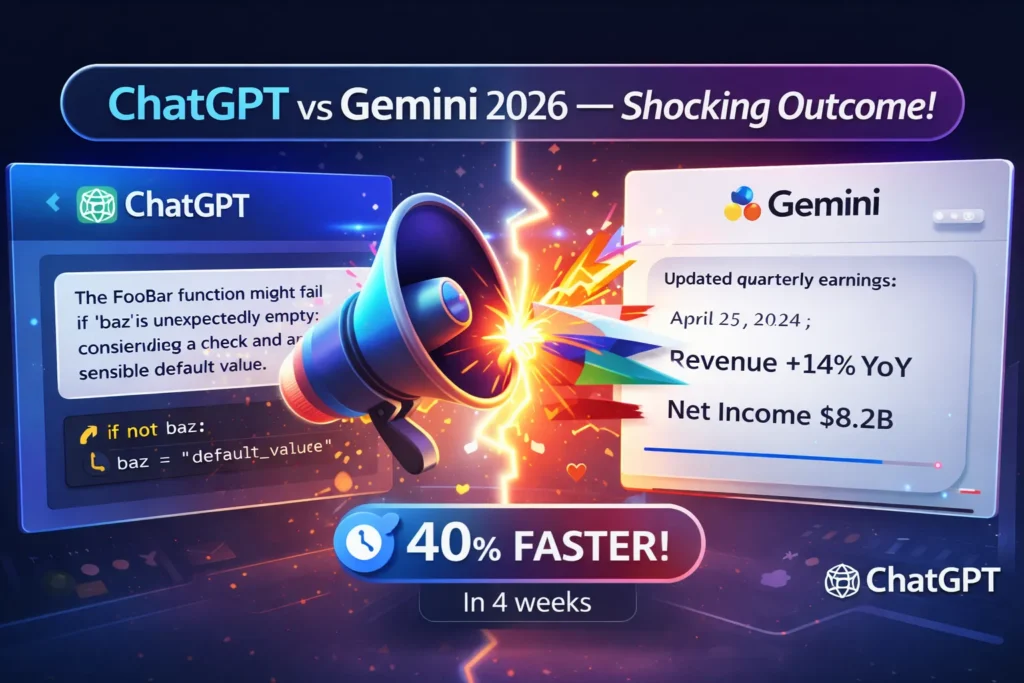 ChatGPT vs Gemini 2026 infographic comparing AI accuracy, speed, context window, real-time data retrieval, and best use cases for developers and marketers.