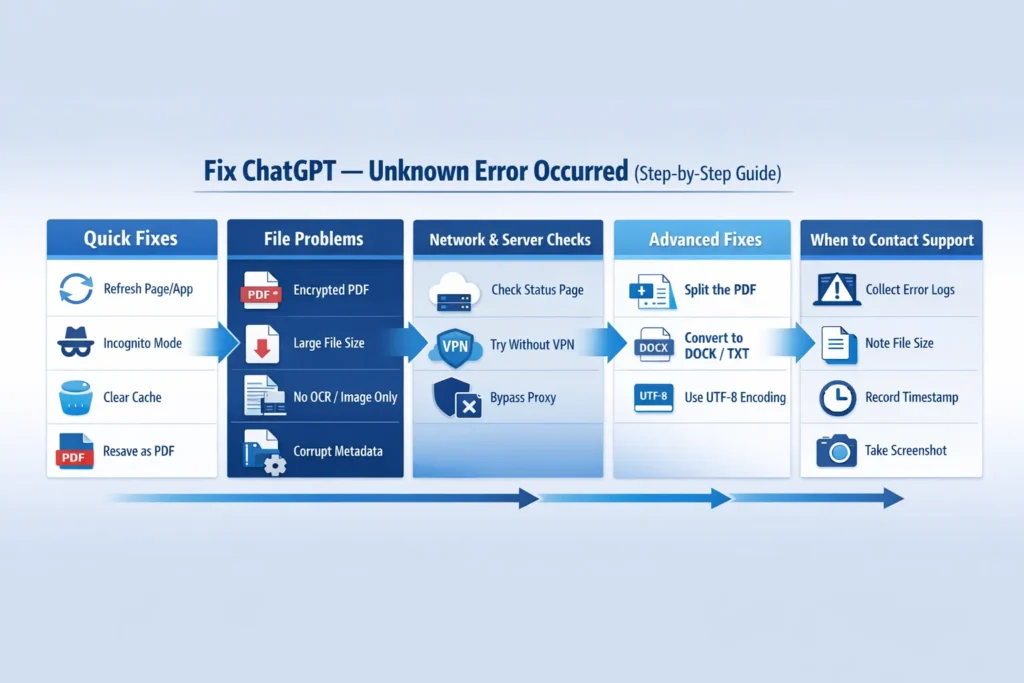Infographic showing step-by-step fixes for “ChatGPT — Unknown Error Occurred,” including browser troubleshooting, PDF upload issues, network checks, advanced file fixes, and when to contact OpenAI support.
