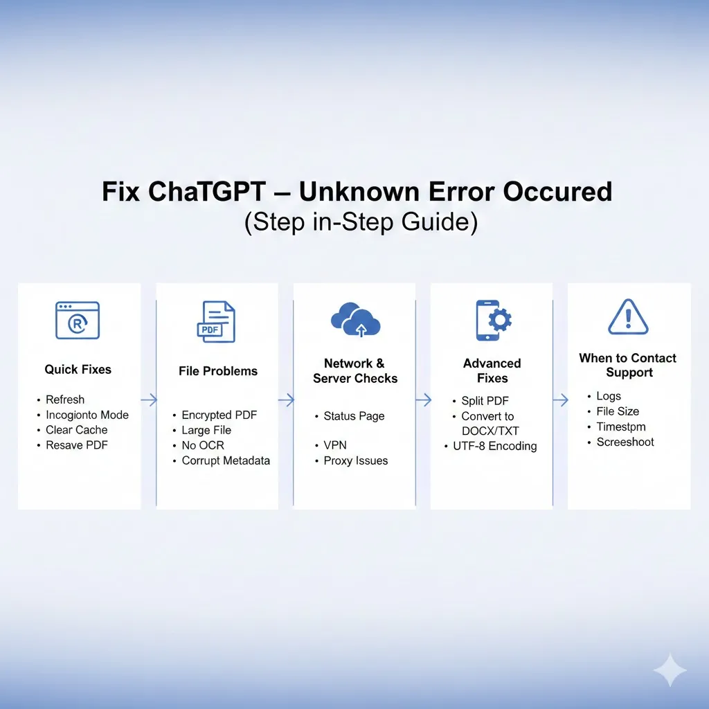 Infographic showing step-by-step fixes for “ChatGPT — Unknown Error Occurred,” including browser troubleshooting, PDF upload issues, network checks, advanced file fixes, and when to contact OpenAI support.