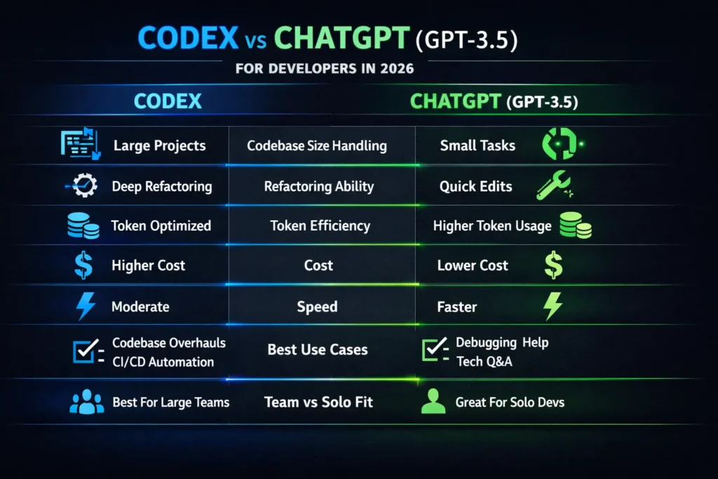 Codex vs ChatGPT (GPT-3.5) infographic comparing AI coding models by refactoring capability, repository awareness, cost efficiency, speed, and best developer use cases in 2026.