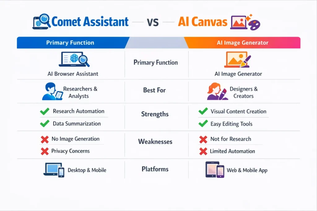 “Infographic comparing Comet Assistant vs AI Canvas, highlighting primary function, best use cases, strengths, weaknesses, and platform support for researchers and creatives.”