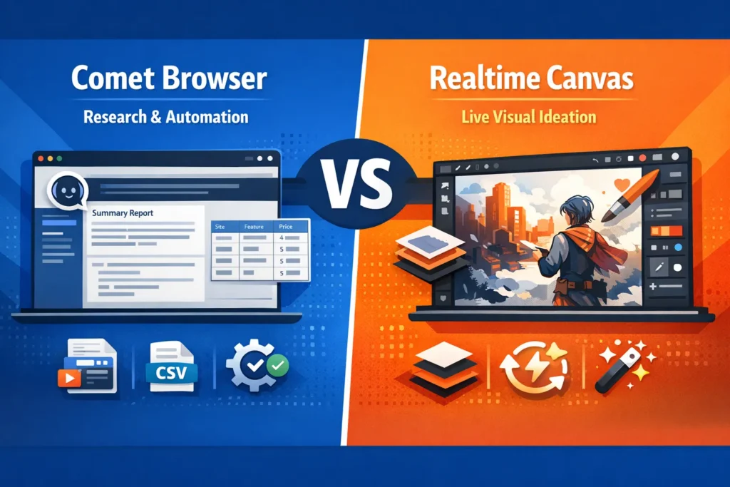 Infographic comparing Comet Browser vs Realtime Canvas: Comet for AI-powered web research and automation, Realtime Canvas for live visual ideation and rapid creative iteration.