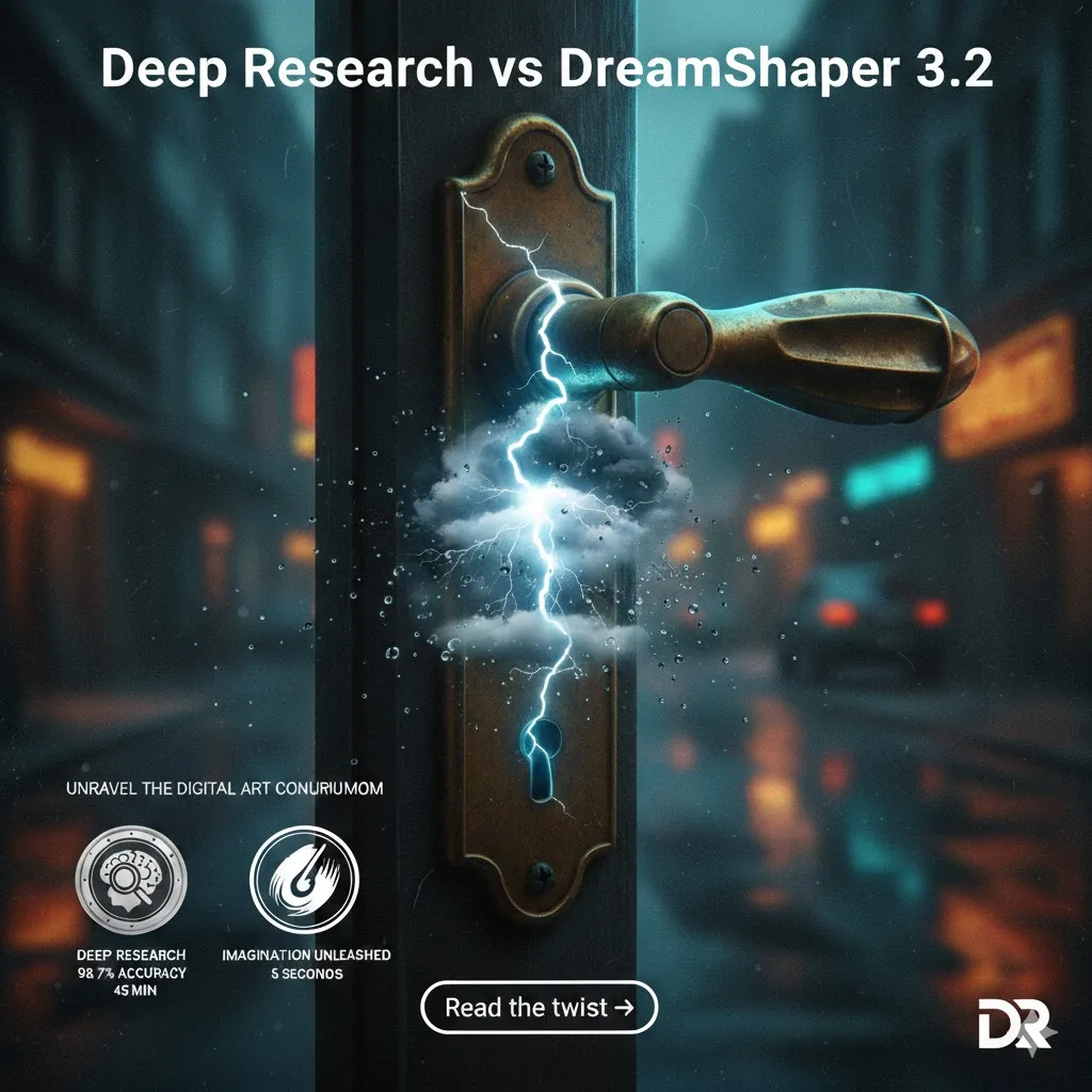 Deep Research vs DreamShaper 3.2 infographic comparing AI research tool and image generation model features, automation, hardware needs, and best use cases in 2026.