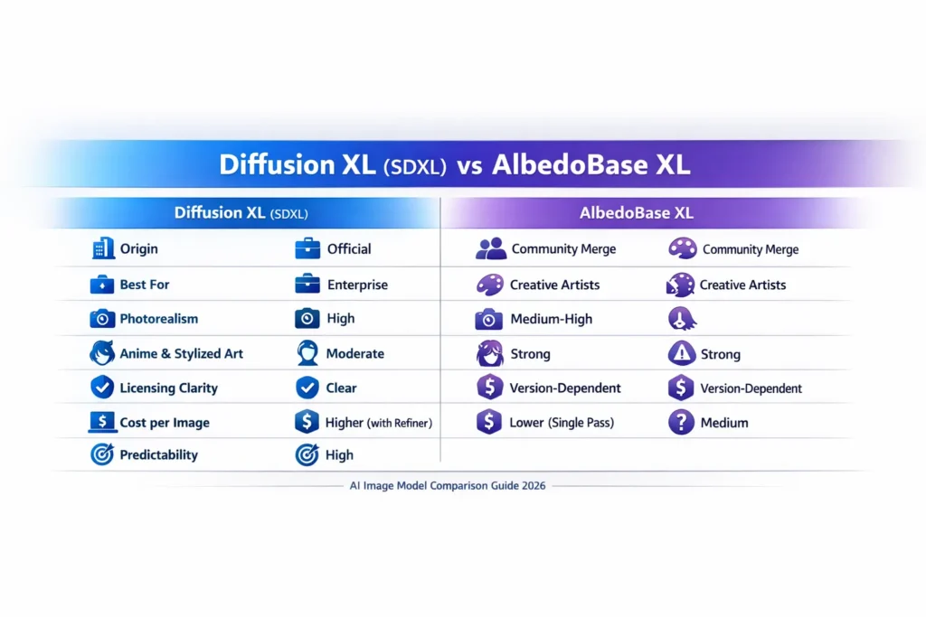 Diffusion XL vs AlbedoBase XL infographic comparing photorealism, anime quality, licensing clarity, cost per image, and enterprise suitability in 2026