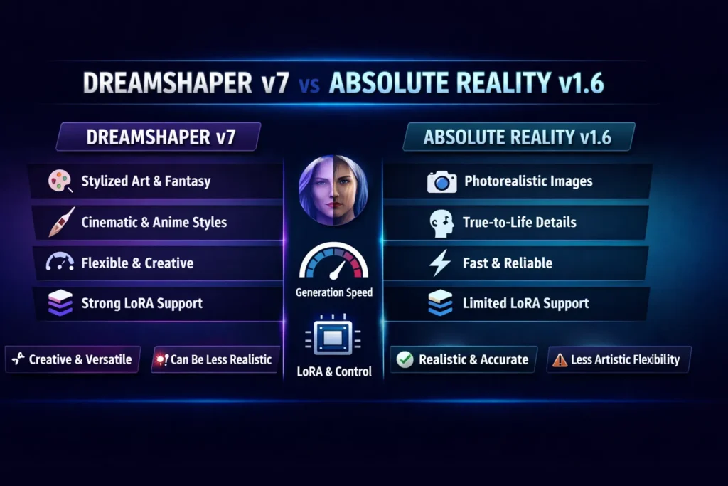 Infographic showing a side-by-side comparison of DreamShaper v7 and Absolute Reality v1.6, highlighting photorealism, stylization, LoRA support, speed, and recommended use cases with modern, cinematic visuals.
