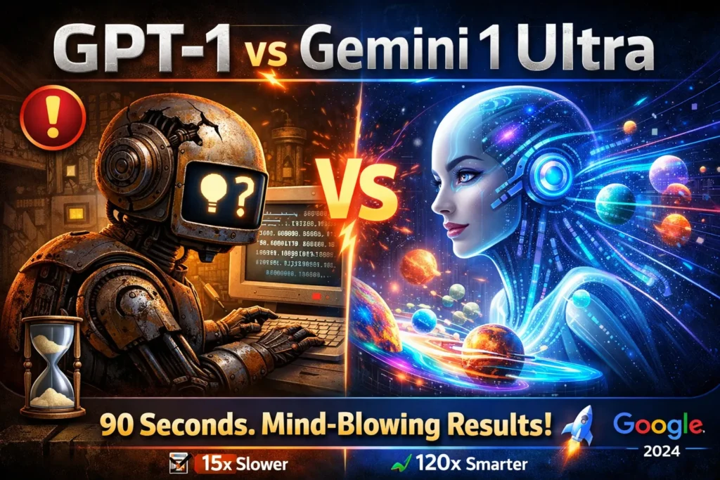 GPT-1 vs Gemini 1 Ultra infographic showing the 2018 text-only transformer model compared to modern multimodal AI with image, audio, and video capabilities in 2026.
