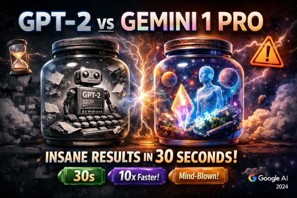 Infographic comparing GPT‑2 and Gemini 1 Pro (2026) with side-by-side features, including text-only vs multimodal, reasoning strength, tool integration, context size, and best use cases. Color-coded columns highlight the differences for quick understanding.