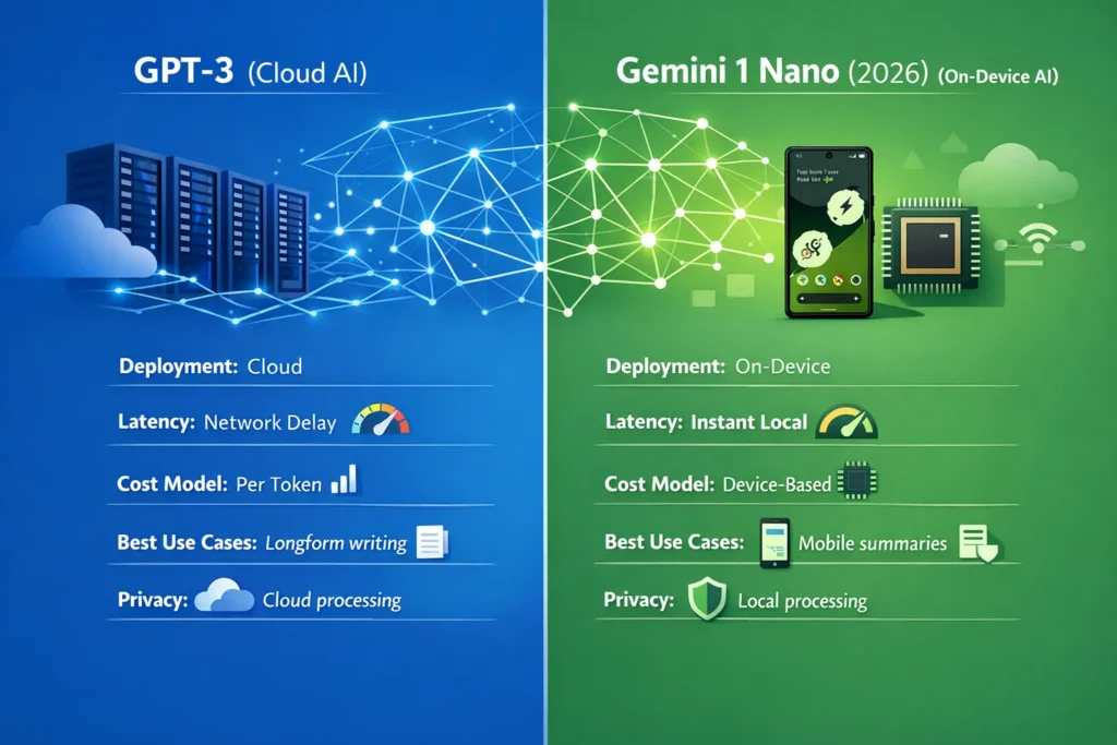 GPT-3 vs Gemini 1 Nano infographic comparing cloud AI and on-device AI, including latency, cost model, privacy, and best use cases in 2026.