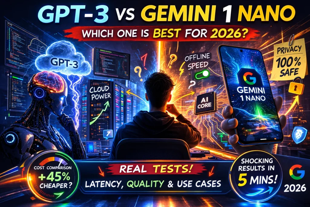 GPT-3 vs Gemini 1 Nano infographic comparing cloud AI and on-device AI, including latency, cost model, privacy, and best use cases in 2026.