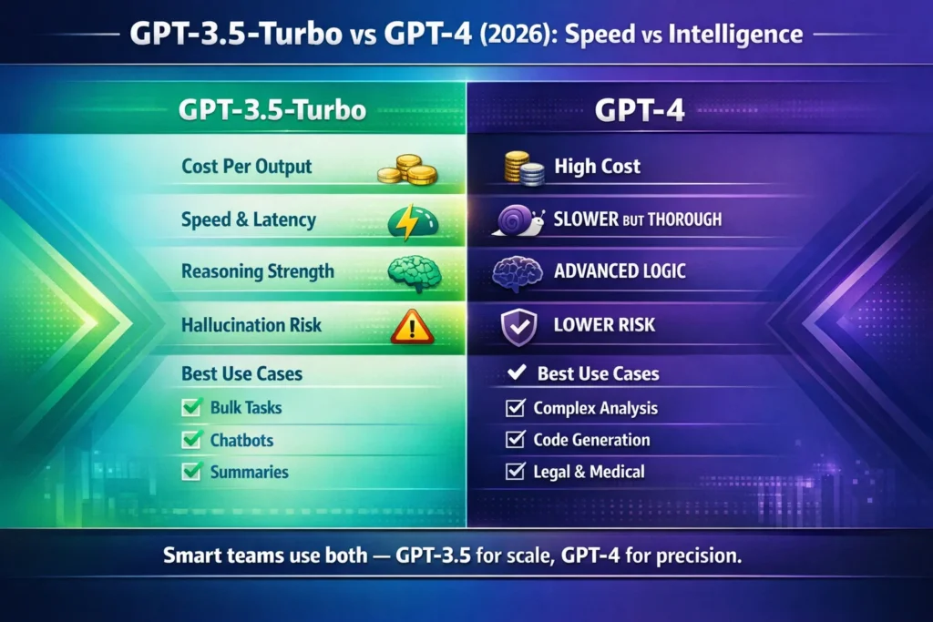 Infographic comparing GPT-3.5-Turbo vs GPT-4 in 2026, showing differences in cost, speed, reasoning ability, latency, and best real-world use cases.